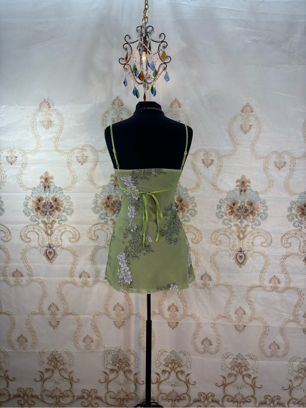 ✨Vintage Y2K Lime Floral Tie Back Satin Trim Babydoll Tank Top✨ - Picture 7 of 9